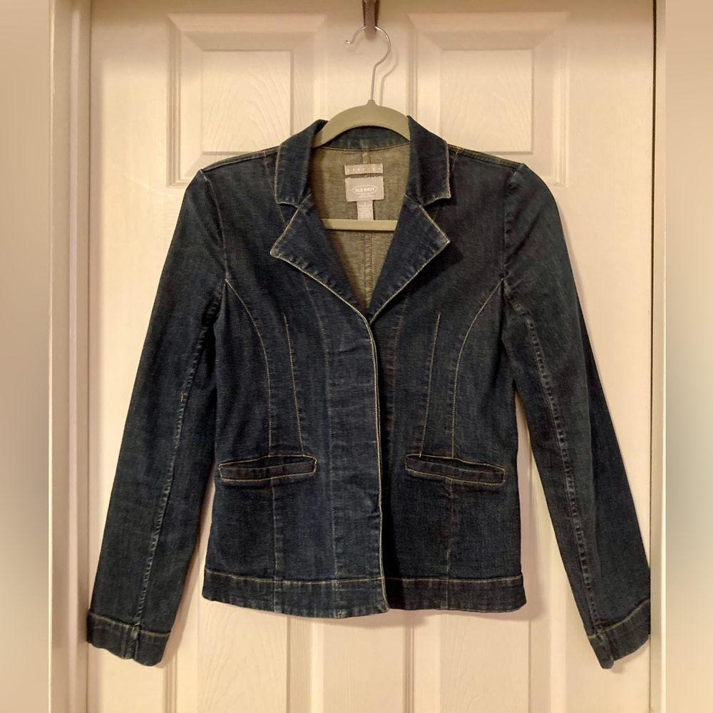 Cute navy blue jean jacket coat pockets women S
